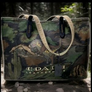 Authentic Coach Green and Brown Camo Dinosaur Canvas Tote
